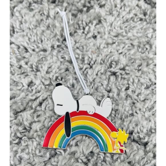 Hallmark Peanuts Snoopy On Rainbow Woodstock Flat Metal Ornament - Picture 1 of 8
